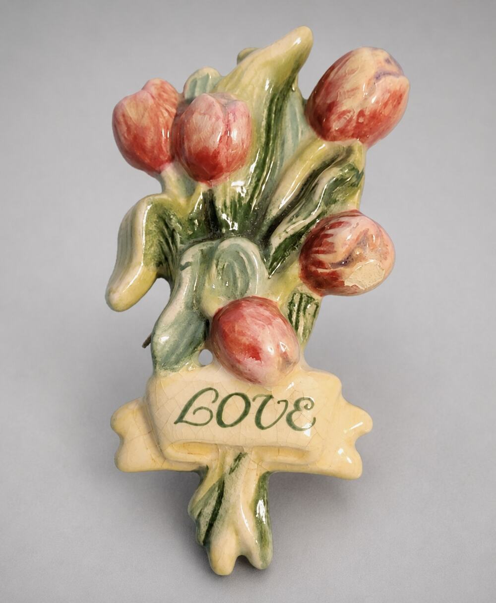 Vintage Large Ceramic Peony Bouquet Brooch Pin, 2.25" Love Roses Flower sf-24